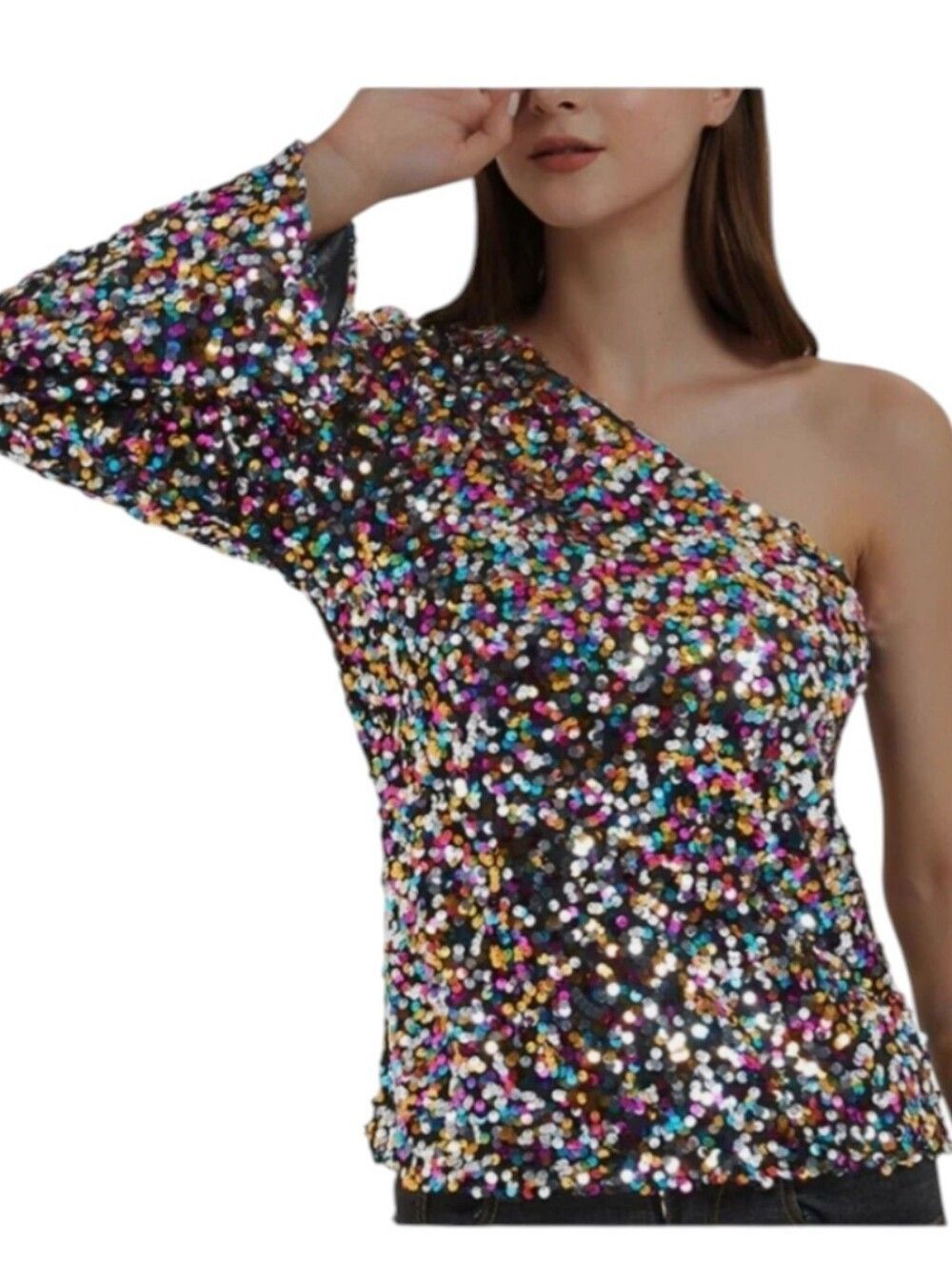 One-Shoulder Multicolor Sequin Blouse